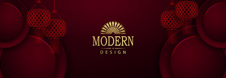 Chinese New Year, red illustration with round frame and red lanterns.のイラスト素材