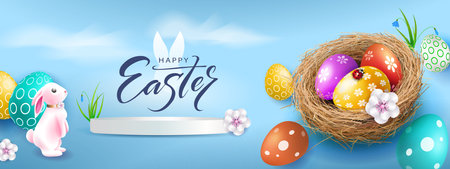 Easter poster with Easter eggs in a nest and a bunny on a light white backgroundのイラスト素材