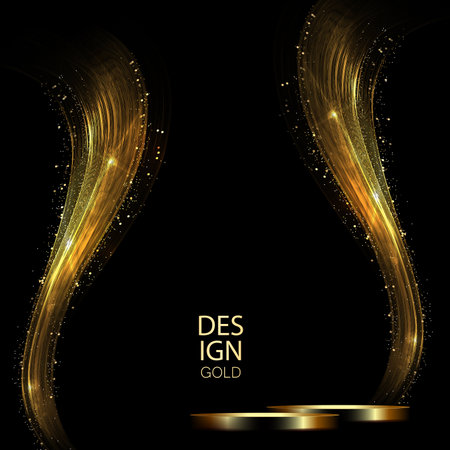 Gorgeous illustration with golden shade arc, isolated round podium, shiny tinsel.のイラスト素材