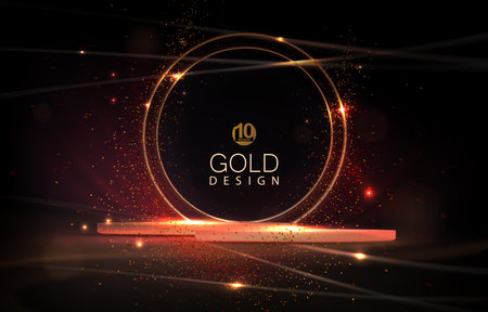 Illustration with a round gold frame with glitter and a podium on a black background.のイラスト素材
