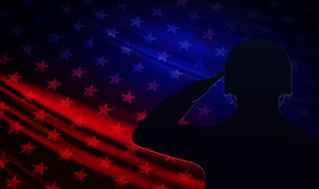 Illustration with a silhouette of a soldier holding an abstract American flag.のイラスト素材