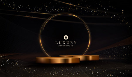 Gorgeous design with a gold podium, glittering mosaic and an abstract round frame.のイラスト素材