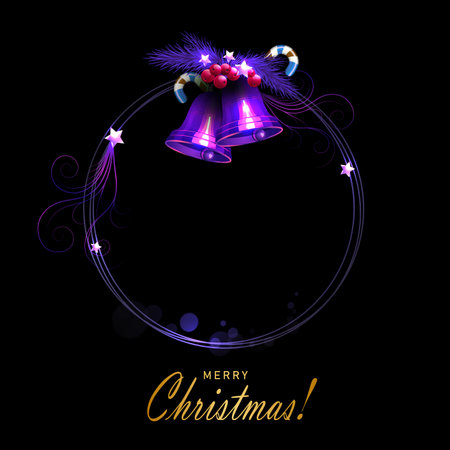 2025 Christmas round wreath of fir branches and bells in purple shade.のイラスト素材