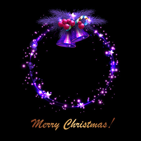 Design component. Christmas wreath of fir branches and bells in purple shade.のイラスト素材