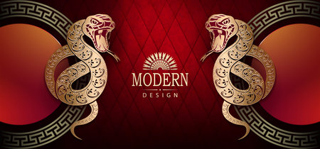 Happy Chinese new year 2025, isolated snakes with glitter, Asian elements in red and gold.