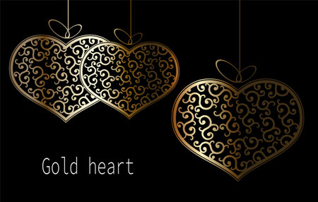 Valentine's Day. Set of golden isolated hearts with bows and retro patterns.のイラスト素材