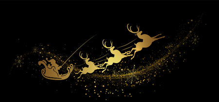 Merry Christmas.2026.Exquisite golden isolated drawing of Santa Claus racing in a sleigh with reindeer.のイラスト素材