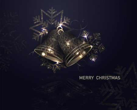 Merry Christmas. Dark illustration with gold textured bells and snowflakes.のイラスト素材