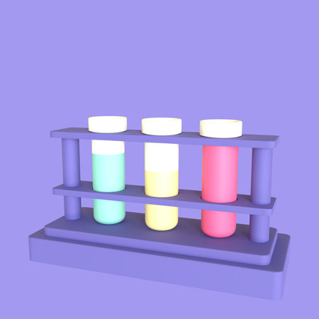 3d render of shelves with test tubes on purple background. Isolated objectsの写真素材