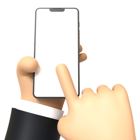 3d render of hand holding smart phone with blank screen over white backgroundの写真素材