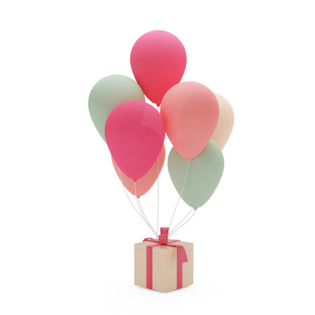 gift box with balloons isolated on white. 3d rendering.の写真素材