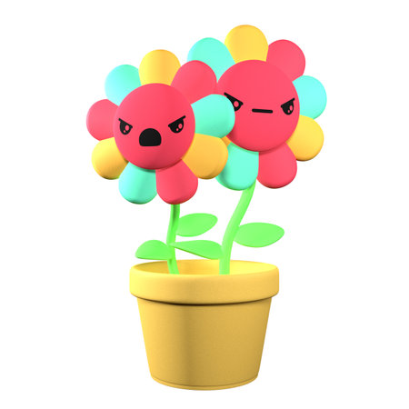 Angry flower in pot on white background. 3D rendering.の写真素材