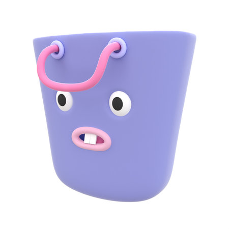 3d rendering of purple cup with eyes and mouth on white backgroundの写真素材
