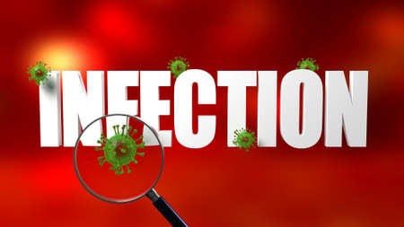 3d Rendering of word with Virus cells and magnifying glass on a backgroundの写真素材