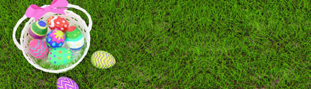 Easter eggs in a basket on a green field (Computer generated image)