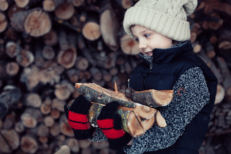 One little boy chopping firewood in the front yard at the day time. Kid having fun outdoors. Concept happy lifestyle.の写真素材