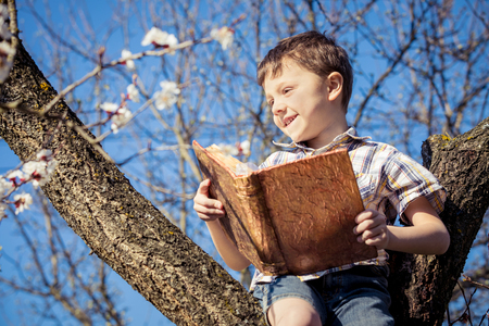 Boy reading while sitting on a tree branch.の写真素材