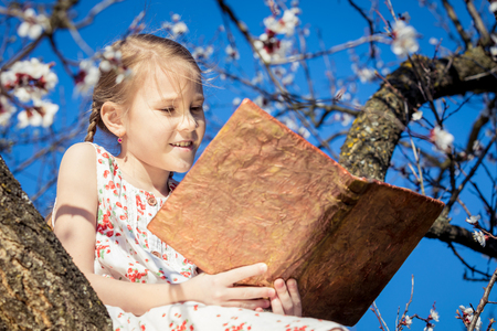 Girl reading while sitting on a tree branch.の写真素材