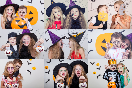 Collage of happy children. Concept of kids on  Halloween party.の写真素材