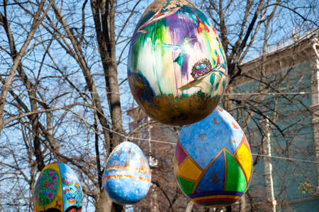 KYIV. UKRAINE - APRIL 05, 2017: Easter festival in Kyiv on Sofiyvska Square. Artists display painted rabbit Easter eggs. Near Saint Sophia Cathedral. Traditional ukrainian Easter eggs. Spring is here.のeditorial素材