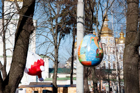 KYIV. UKRAINE - APRIL 05, 2017: Easter festival in Kyiv on Sofiyvska Square. Artists display painted rabbits, Easter eggs. Near Saint Sophia Cathedral. Traditional ukrainian Easter eggs. Easter vibes.のeditorial素材