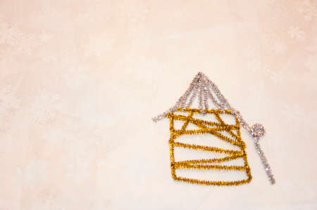 merry christmas. happy new year. xmas decoration. winter holiday party tinsel decor. festive background. house isolated on white. copy space.の写真素材