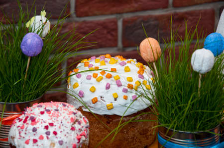 easter cake glazed with sprinkles and icing. easter decoration.