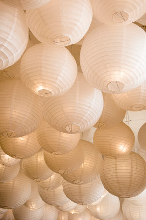 Decorative paper lampions chinese paper lanterns decoration hanging from ceiling.の写真素材