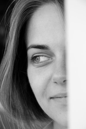 woman smile with beautiful eyes, closeup. black and white portrait. romantic and inspiring.の写真素材