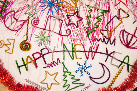 party decor. merry christmas. happy new year. xmas colorful and bright decorations. winter holiday celebration. holiday happiness.の写真素材