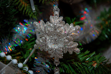 Xmas holiday celebration. New Year tree at Christmas eve. Xmas tree decoration. Santa Claus. Balls On Christmas Tree. Happy New Year. Merry Christmas. Christmas ornaments at home. Noel.の写真素材