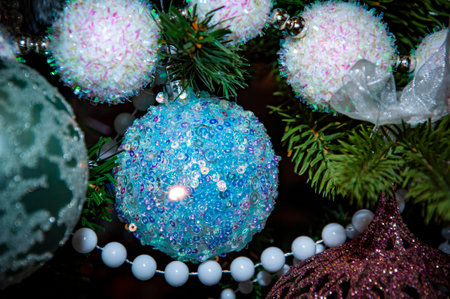 Christmas Tree Background. New Year Banner Composition. Balls On Christmas Tree. New Year Concept. Festive Christmas Decoration. Interior Christmas. Magic Glowing Tree. Fireplace And Gifts.の写真素材