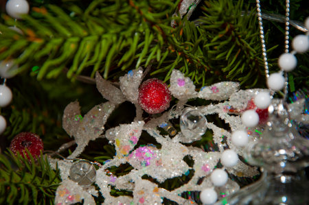 Christmas tree decoration. Merry Christmas. Happy New Year. Xmas holiday celebration. New Year eve. December holiday and home decoration. Decorated xmas tree at home.の写真素材