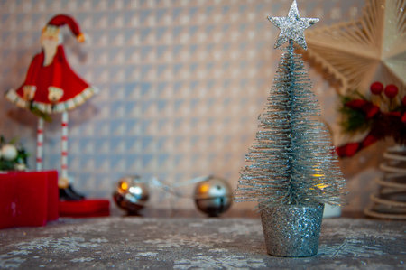 Merry Christmas. Christmas tree decorated with Xmas festive decoration. Christmas shopping sale. New Year Banner Composition. Decoration for New Year holiday celebration. Promotional sale.の写真素材