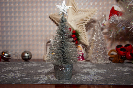 Merry Christmas. Christmas tree decorated with Xmas festive decoration. Christmas shopping sale. New Year Banner Composition. Decoration for New Year holiday celebration. Promotional sale.の写真素材