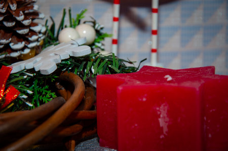 Candle. Xmas holiday celebration. New Year tree at Christmas eve. Xmas tree decoration. Santa Claus....