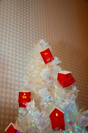 Christmas Tree Background. New Year Banner Composition. Balls On Christmas Tree. New Year Concept. Festive Christmas Decoration. Interior Christmas. Magic Glowing Tree. Fireplace And Gifts.の写真素材