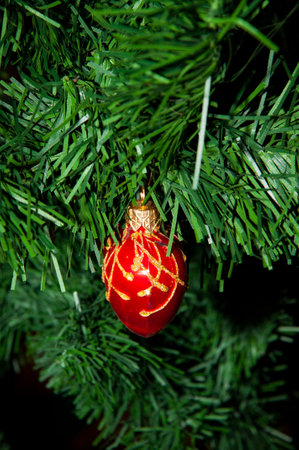 Festive Christmas scene. Christmas tree decoration. Decoration for New Year holiday celebration. Happy New Year. Christmas Tree Background. Beautiful Christmas gift near fir tree in room.の写真素材