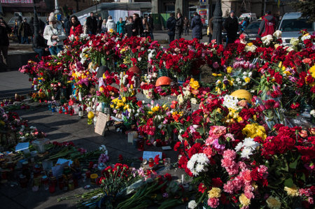 Kyiv, Ukraine- February 24, 2014: Maidan 2014 revolution demonstration Euromaidan in Kyiv. Ukrainian...