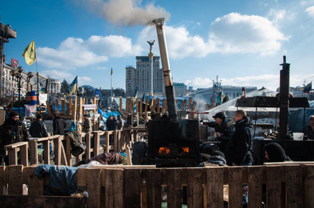 Kyiv, Ukraine- February 24, 2014: Maidan 2014 revolution demonstration Euromaidan in Kyiv. Ukrainian...