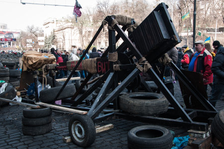 Kyiv, Ukraine- February 24, 2014: Maidan 2014 revolution demonstration Euromaidan in Kyiv. Ukrainian barricade for freedom. Governmental opposition. Rebellion war. President Yanukovych's policies.のeditorial素材