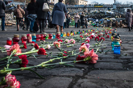 Kyiv, Ukraine- February 24, 2014: Maidan 2014 revolution demonstration Euromaidan in Kyiv. Ukrainian barricade for freedom. Governmental opposition. Rebellion war and crisis. Revolution of honor.のeditorial素材