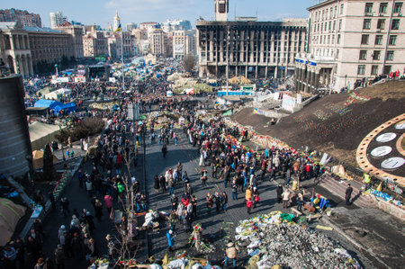 Kyiv, Ukraine- February 24, 2014: Maidan 2014 revolution demonstration Euromaidan in Kyiv. Ukrainian barricade for freedom. Governmental opposition. Rebellion war and crisis. Revolution of Dignity.のeditorial素材