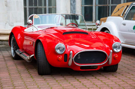 Kyiv, Ukraine - November 29, 2022: Ford Shelby Cobra retro convertible car on exhibition in Kyiv capital of Ukraine, front view.のeditorial素材