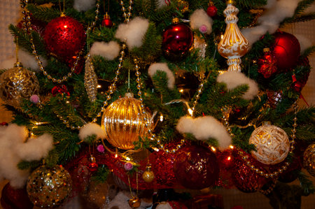 Merry Christmas. Christmas tree decorated with Xmas festive decoration. Christmas shopping sale. New Year Composition. Decoration for New Year holiday celebration. Promotional sale. Christmas carols.の写真素材