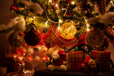 Christmas home with Xmas festive decoration. Happy New 2025 Year. Christmas tree. December holiday in winter. Home Christmas decoration. Decoration for New Year holiday celebration. Shopping.の写真素材