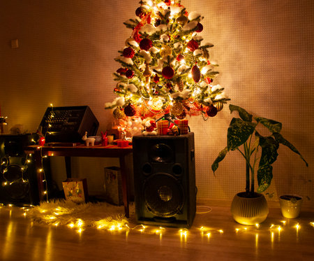 Home Christmas decoration. Decoration for New Year holiday celebration. Christmas home with Xmas festive decoration. Happy New 2025 Year. Christmas tree. December holiday in winter. Sweet home.の写真素材