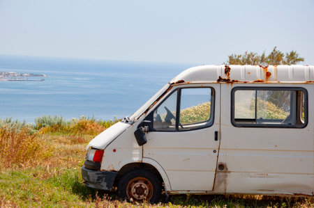 Van road trip holiday. Outdoor summer adventure. Nomad lifestyle. Family vacation travel RV. Holiday trip in motorhome. Caravan car vacation. Travel trailer camping. Copy space bannerの写真素材