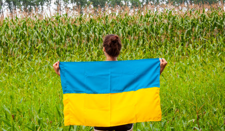 Flag Ukraine. Independence day. Woman in the field. Girl with Ukrainian flag in crop field. Confidence in the future. Independence day of Ukraine. 24th of August. Ukrainian flag and woman farmer. Blue yellow.の写真素材