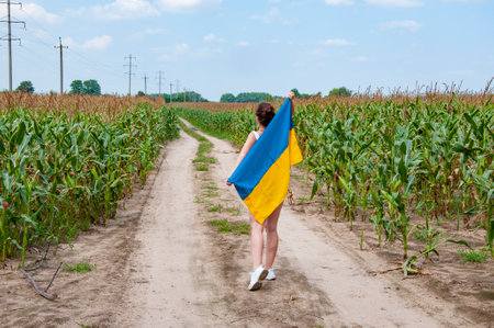 Flag Ukraine. Independence day. Woman countryside road. Girl with Ukrainian flag in crop field. Future. Independence day of Ukraine. 24th of August. Ukrainian flag patriotic woman. Patriotism feeling.の写真素材